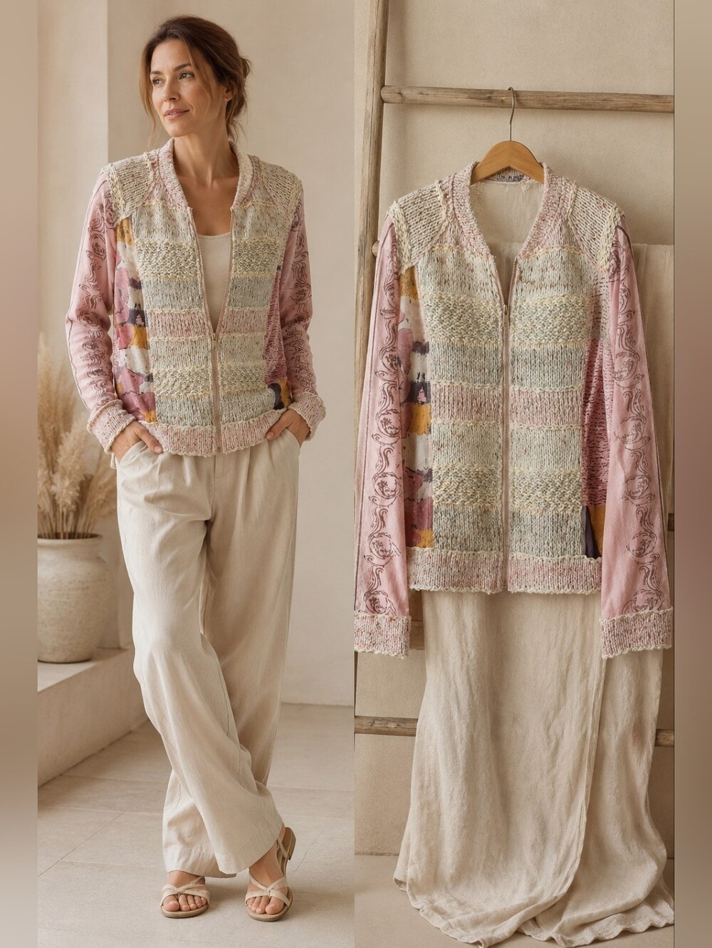 LULU-H Mixed Media Knit Jacket Boho Lagenlook Cottagecore Zip Cardigan Artwear